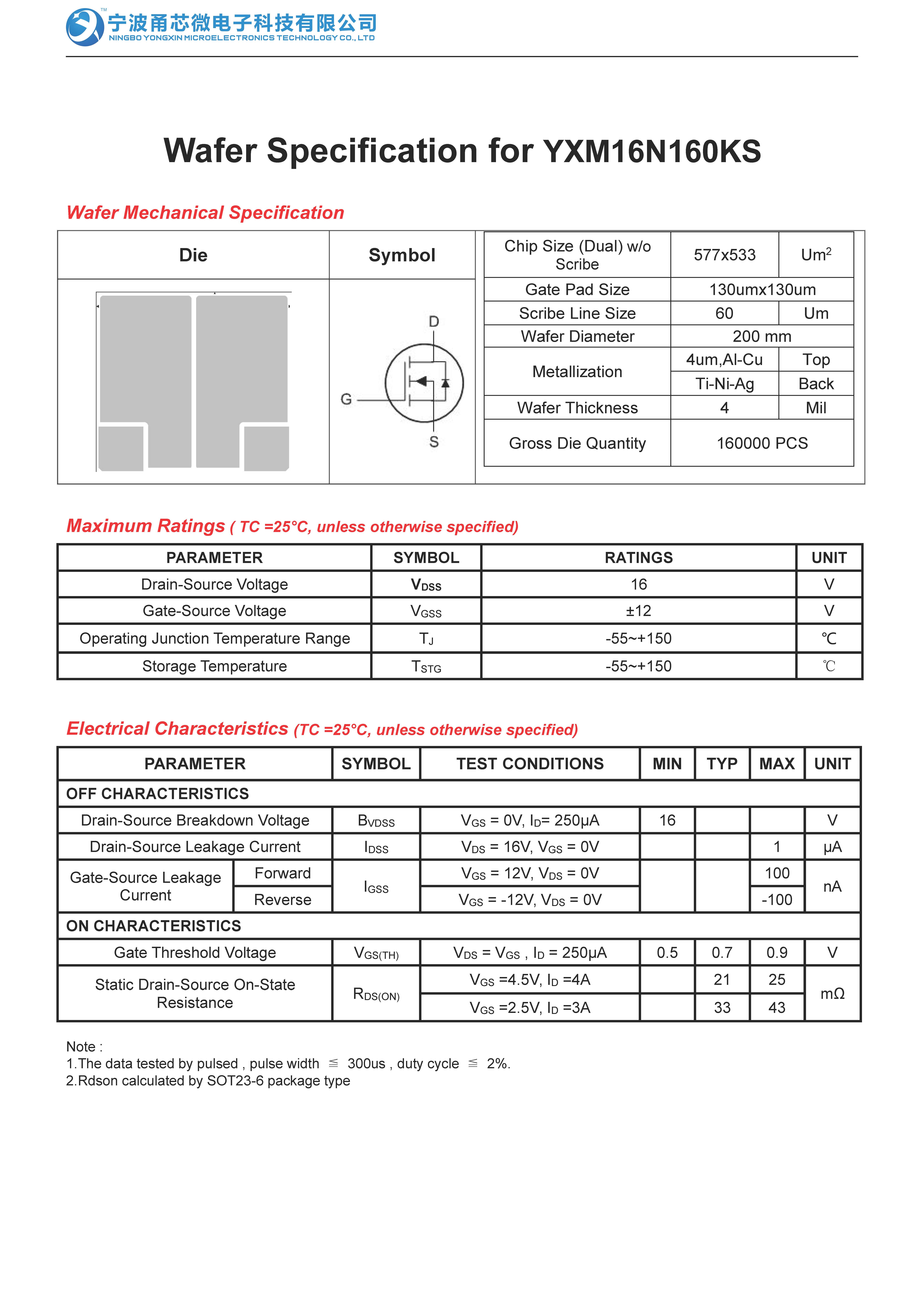 Wafer Specification for YXM16N160KS