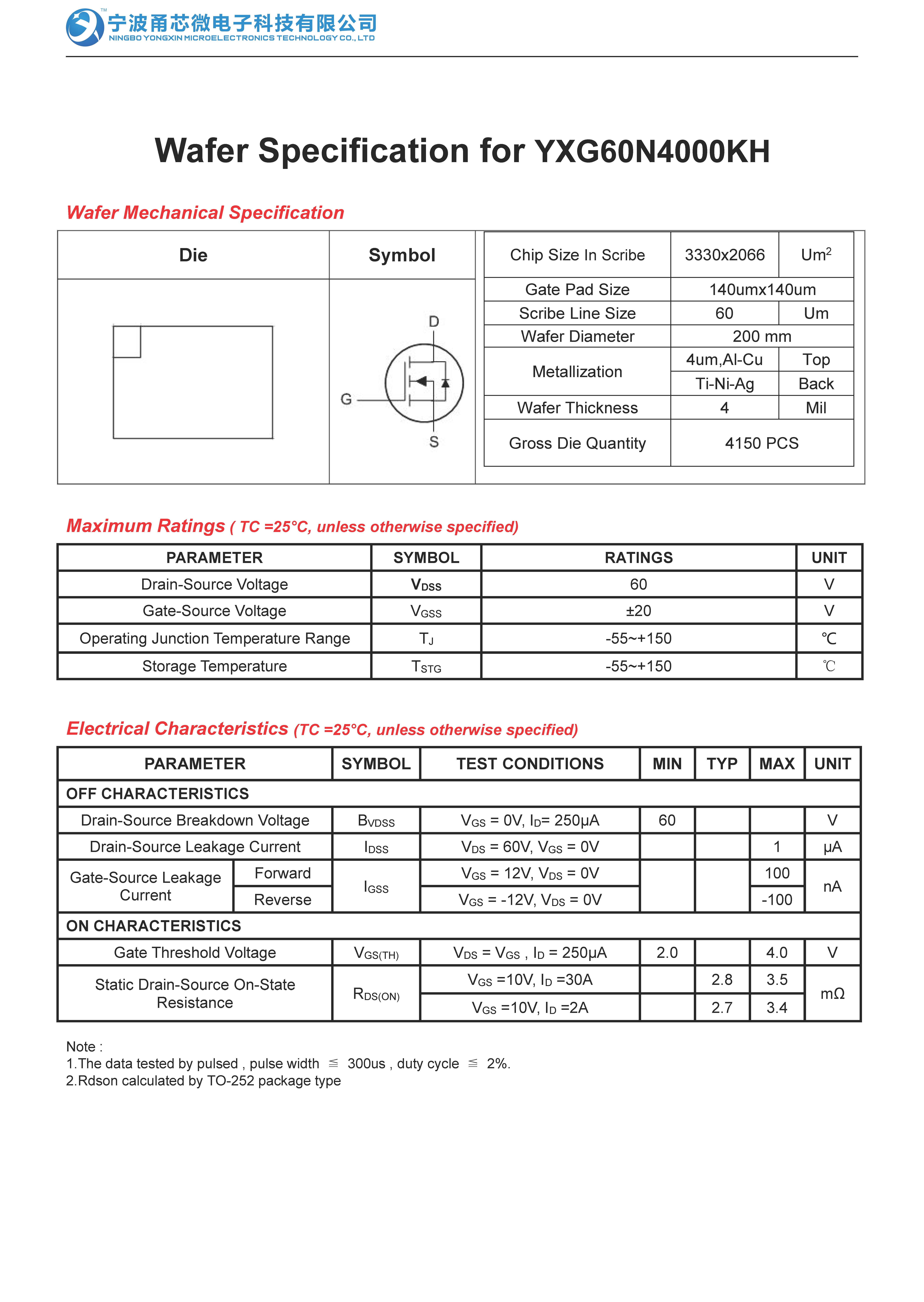 Wafer Specification for YXG60N4000KH